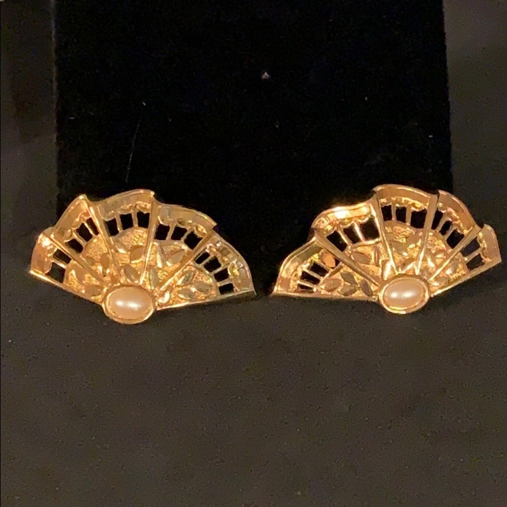 Gold Tone Textured Fan Faux Pearl Post Earrings
